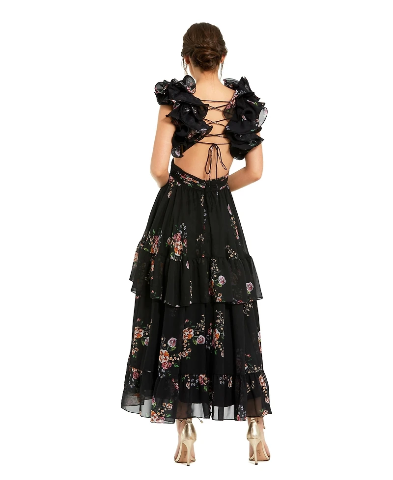 Mac Duggal Women's Tiered Floral Chiffon Lace-up Dress