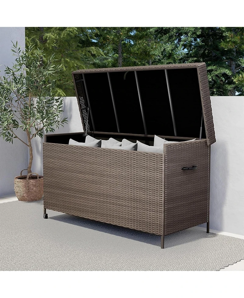 Mondawe Outdoor Resin Willow Storage Box,With Soft Closure Lid And Wheels & Uv/Rain Resistant,Brown