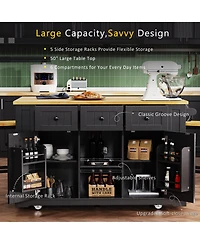 Casainc 53" Kitchen Island With Drop Leaf, Power Outlet, Storage Racks, Rolling Cart on 5 Wheels (No Stools)