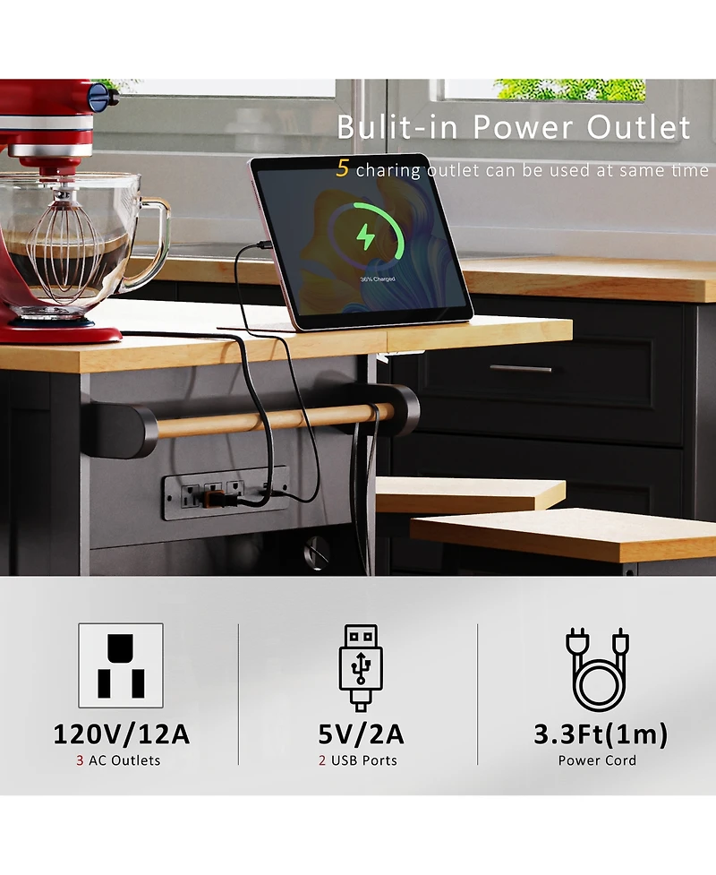 Casainc 53" Kitchen Island With Drop Leaf, Power Outlet, Storage Racks, Rolling Cart on 5 Wheels (No Stools)