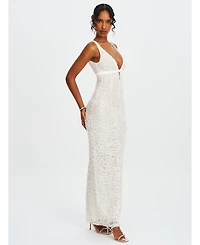 Miss Circle Women's Adelaide White Beaded Sequin Net Bodycon Gown