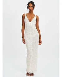 Miss Circle Women's Adelaide White Beaded Sequin Net Bodycon Gown