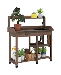 Outsunny Outdoor Garden Potting Bench Table with Hooks,