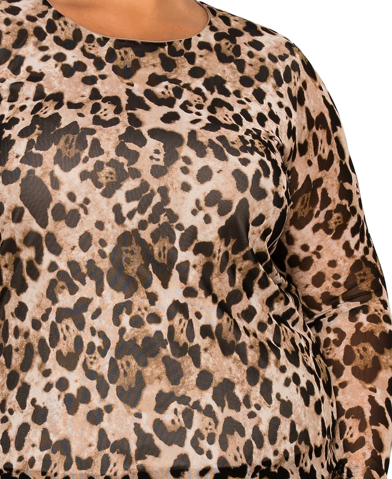 Coin 1804 Plus Size Leopard Mesh Scoop Neck Long Sleeve Top