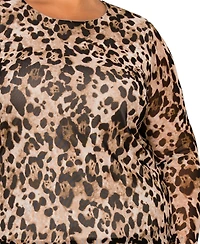 Coin 1804 Plus Size Leopard Mesh Scoop Neck Long Sleeve Top