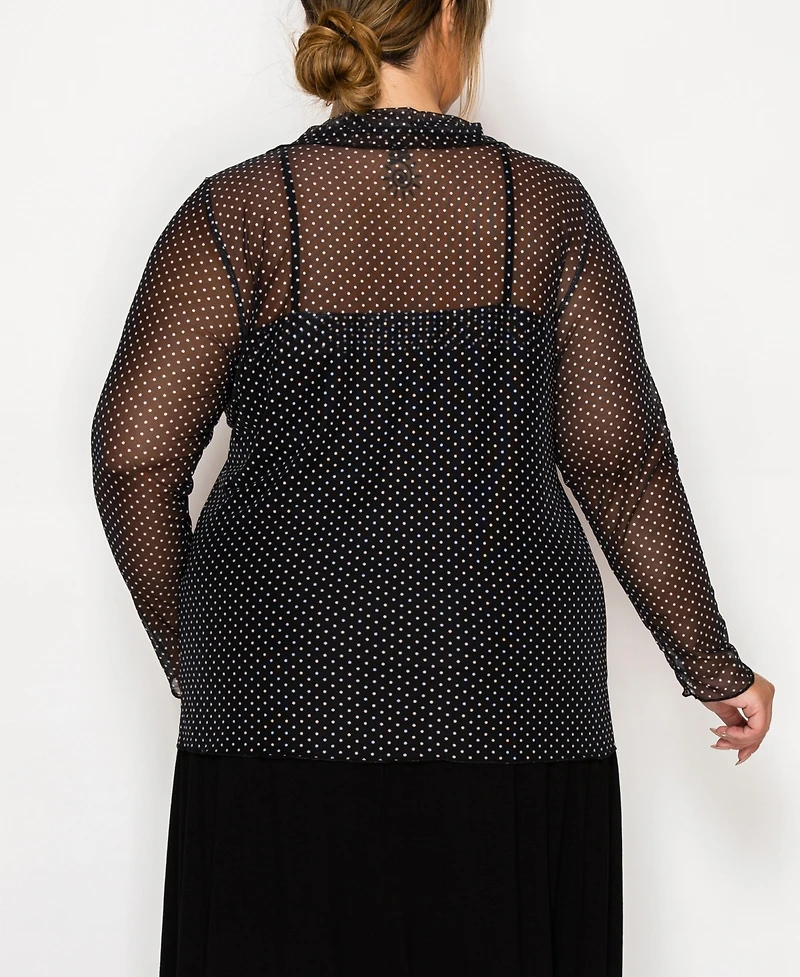 Coin 1804 Plus Dot Mesh Button Front Long Sleeve Top