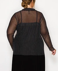Coin 1804 Plus Dot Mesh Button Front Long Sleeve Top