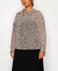 Coin 1804 Plus Leopard Mesh Button Front Long Sleeve Top