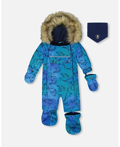 Deux par Baby Boy One-Piece Play Snowsuit Designed for Car Seat Blue Gradient Dinosaur Print - Baby|Toddler