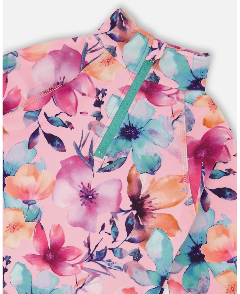 Deux par Girl Two-Piece Thermal Underwear Set Pink Watercolor Flower Print