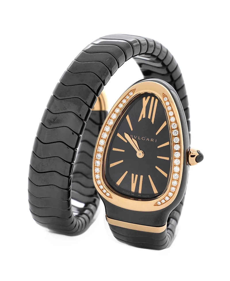 Pre-Owned Bvlgari Serpenti Spiga Single Spiral Quartz Watch in Ceramic and Rose Gold with Diamond Bezel 23mm