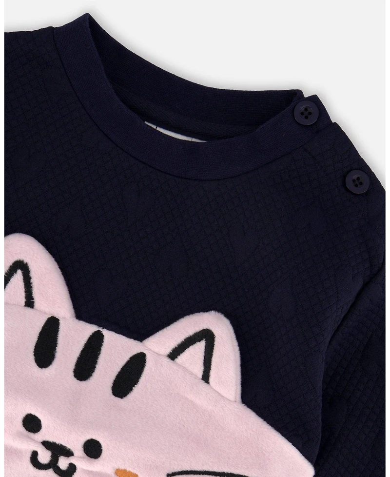 Deux par Baby Girls Long Bi-Material Top Dark Blue with Cat