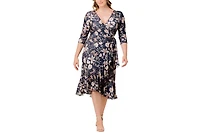 Kiyonna Plus Flirty Flounce Midi Wrap Dress with 3/4 Sleeves