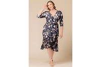 Kiyonna Plus Flirty Flounce Midi Wrap Dress with 3/4 Sleeves