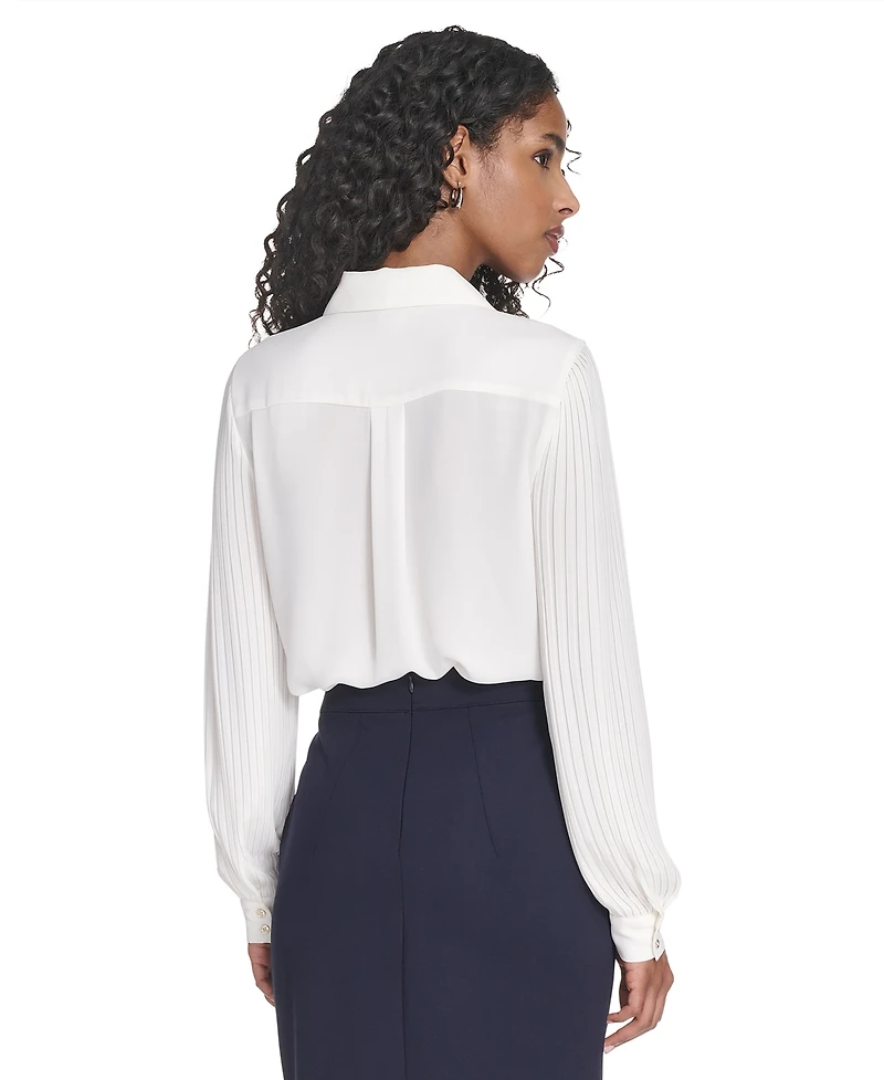 Tommy Hilfiger Women's Pleated Sleeve Button Up Blouse