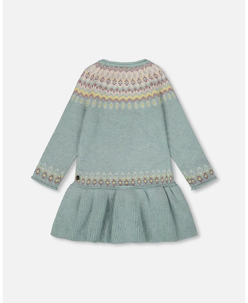 Deux par Girl Jacquard Sweater Dress with Ribbed Skirt Jade Green