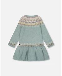 Deux par Girl Jacquard Sweater Dress with Ribbed Skirt Jade Green