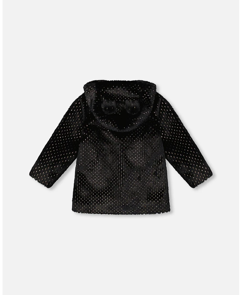 Deux par Girl Bear Faux Fur Coat Black with Gold Polka Dots - Toddler|Child