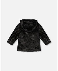 Deux par Girl Bear Faux Fur Coat Black with Gold Polka Dots - Toddler|Child