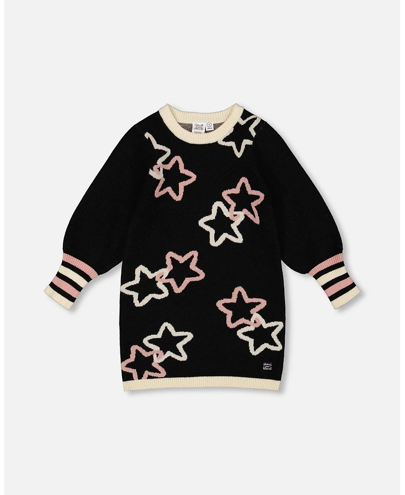Deux par Little Girls Long Sleeve Knit Dress Black with Stars - Toddler|Child