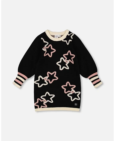 Deux par Little Girls Long Sleeve Knit Dress Black with Stars - Toddler|Child