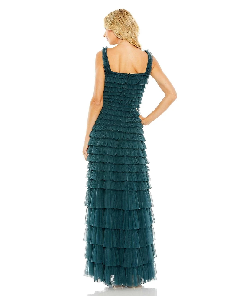 Mac Duggal Women's Textured Mesh Gown with Allover Ruffles and Square Neckline