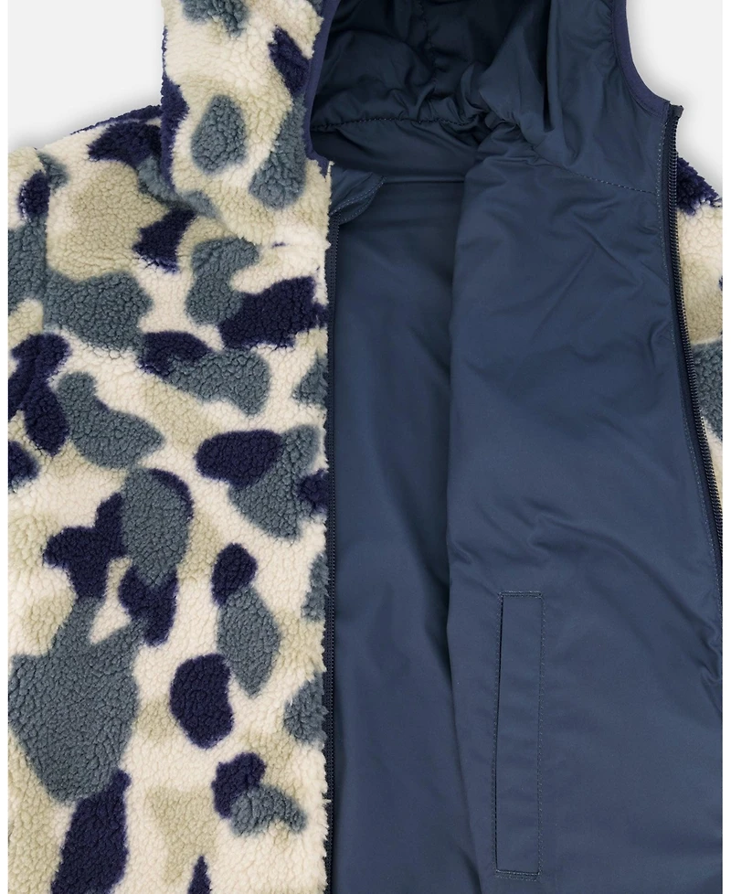 Deux par Kids Unisex Reversible Mid-Season Sherpa Jacket Blue Camo