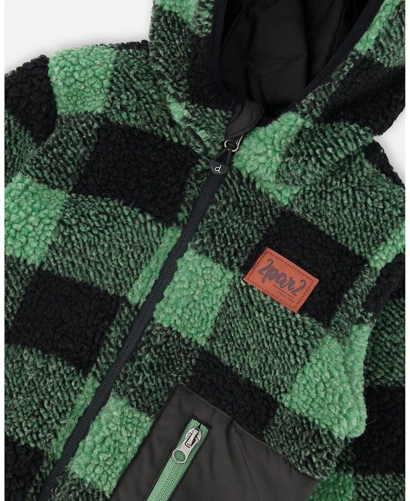 Deux par Kids Unisex Reversible Mid-Season Sherpa Jacket Teal Plaid