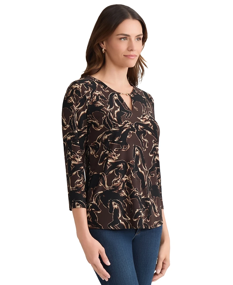 Jones New York Women's Trimmed V-Neck Printed Top