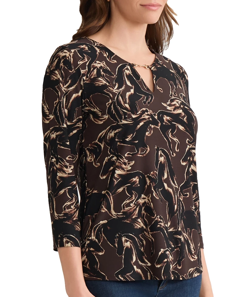 Jones New York Women's Trimmed V-Neck Printed Top
