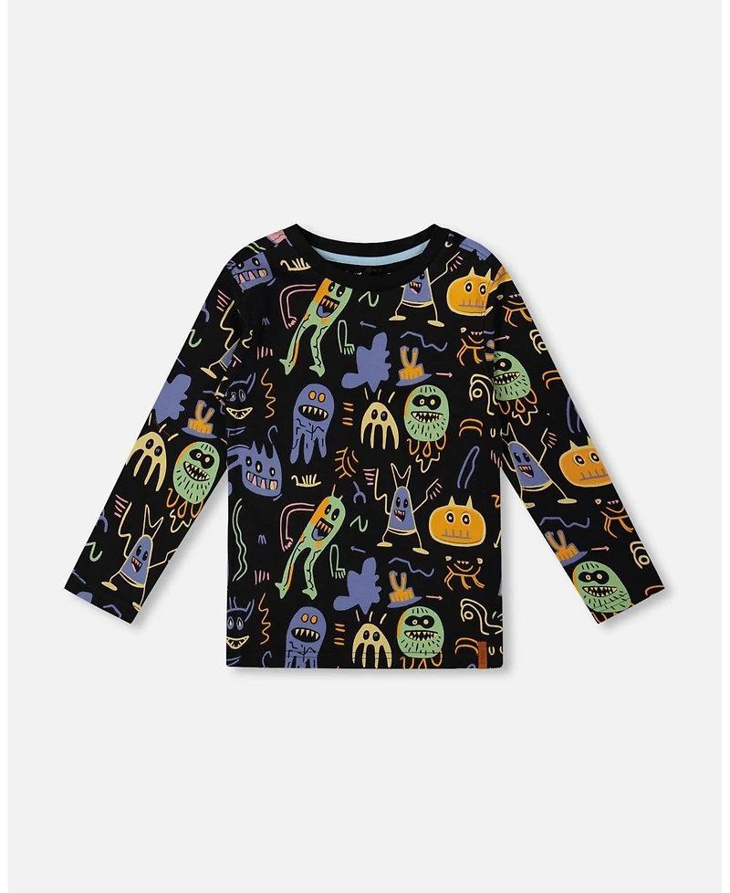 Deux par Big Boys Long Sleeve Cotton Allover Monsters Print Tee