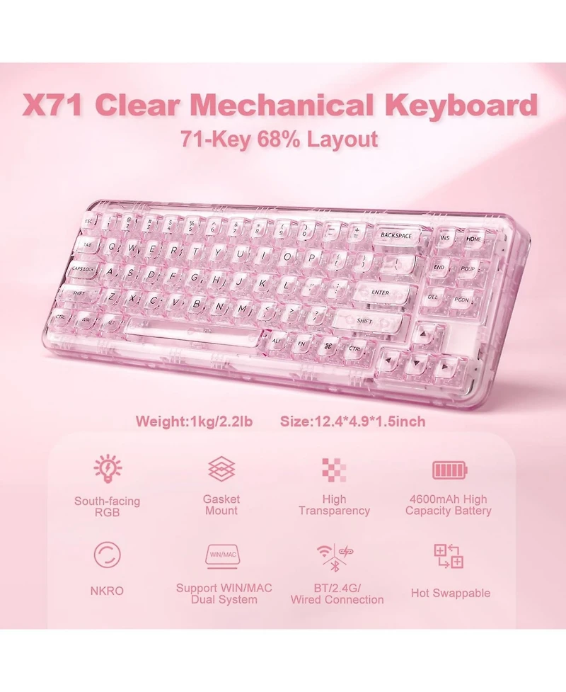 Yunzii X71 Wireless Hot Swappable Transparent Mechanical Keyboard, 68% Layout, BT5.0/2.4G/Usb-c Gasket Mount Rgb Backlit for Windows/Mac
