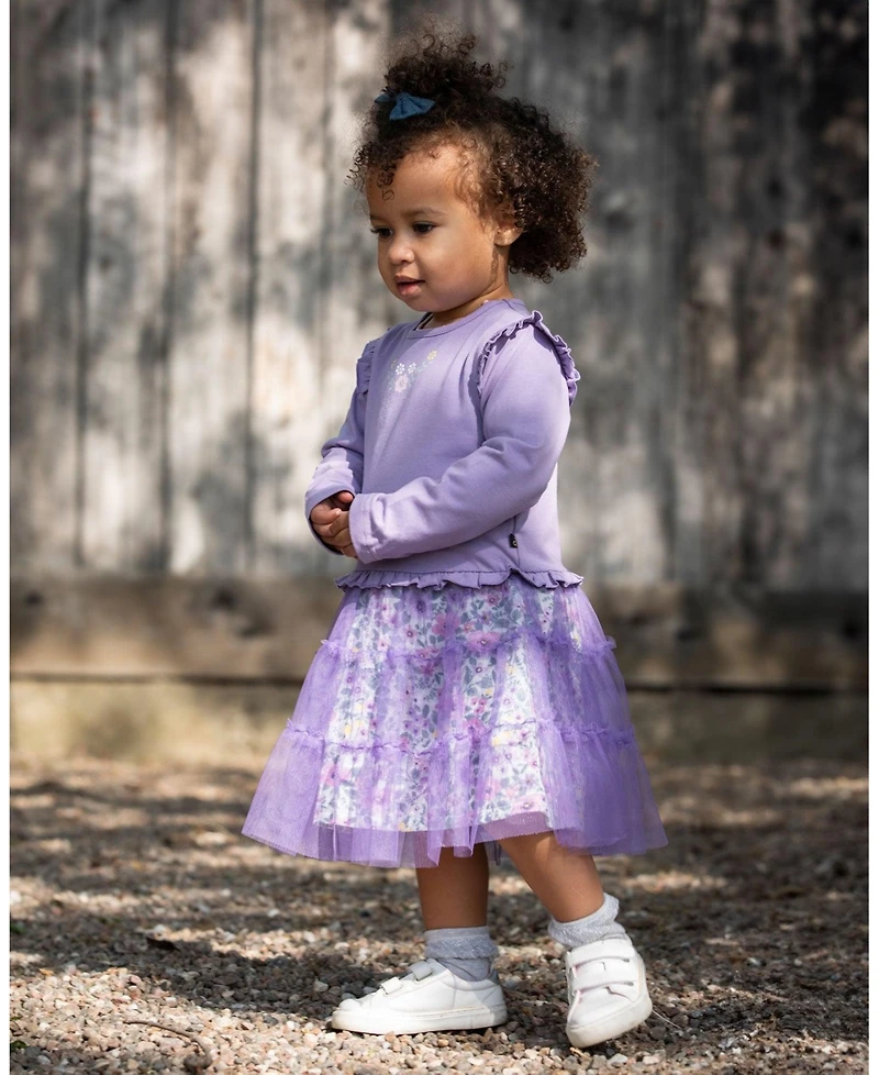 Deux par Baby Girls Bi-Material Dress with Muslin and Mesh Skirt Purple Gray