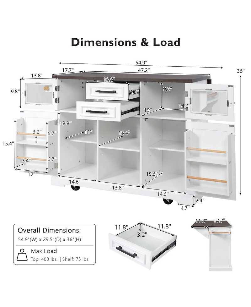 Casainc 54.9" Kitchen Island with Drop Leaf, Power Outlet, Storage Cart with Glass & Barn Doors, 4 Shelves&Wheels (No Stools)