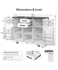 Casainc 54.9" Kitchen Island with Drop Leaf, Power Outlet, Storage Cart with Glass & Barn Doors, 4 Shelves&Wheels (No Stools)
