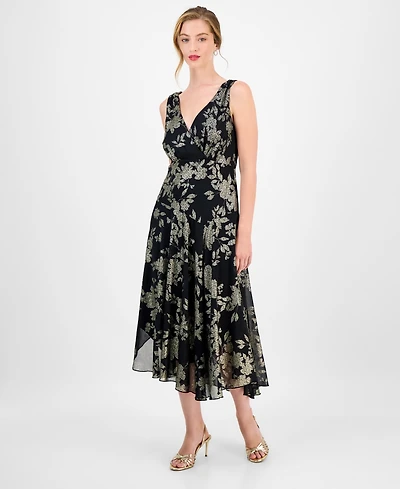 Connected Women's Foil Chiffon Asymmetric-Hem Dress