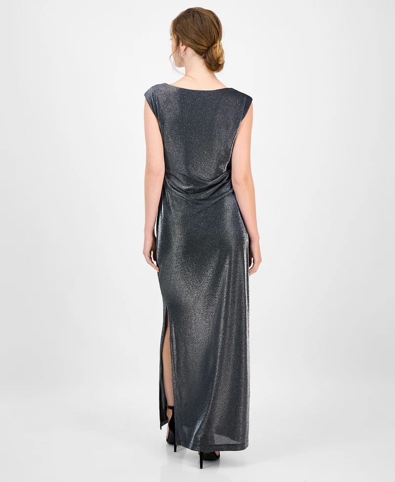 Connected Women's Knit Draped-Neck Metallic Gown