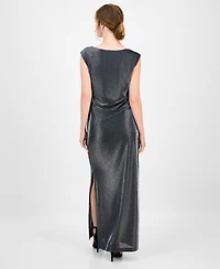 Connected Women's Knit Draped-Neck Metallic Gown
