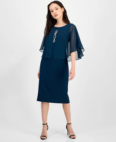 Connected Petite Cape Overlay Round Neck Dress