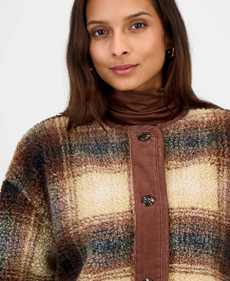 And Now This Women's Plaid Sherpa Fleece Collarless Jacket, Macy's Exclusive