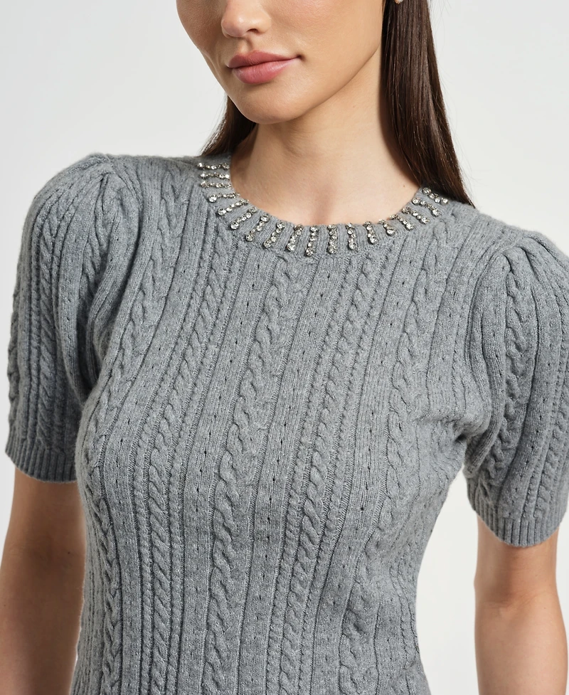 Isaac Mizrahi Women's Jewel Crewneck Short Sleeve Cable Sweater