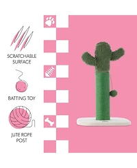 Pecos 21" Modern Jute Cactus Cat Scratching Post with Fuzzy Toy, Green/White