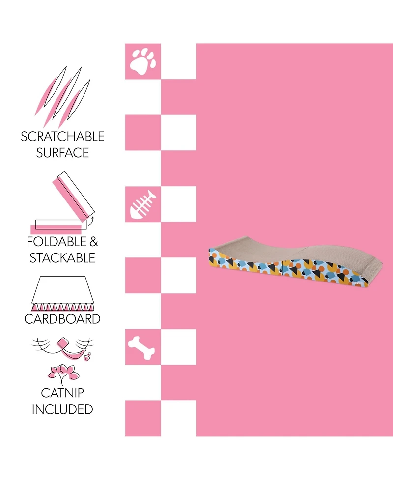 The Licker Store Eero 32" Modern Cardboard Foldable Lounge Cat Scratcher with Catnip, Blue/Orange