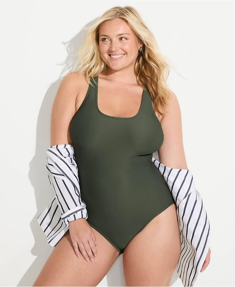 Lands' End Plus Tugless Ribbed X-Back One Piece Swimsuit