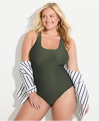 Lands' End Plus Tugless Ribbed X-Back One Piece Swimsuit