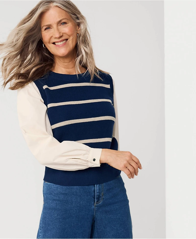 Lands' End Women's Drifter Shaker Button Shoulder Sweater Vest with Poplin Sleeves