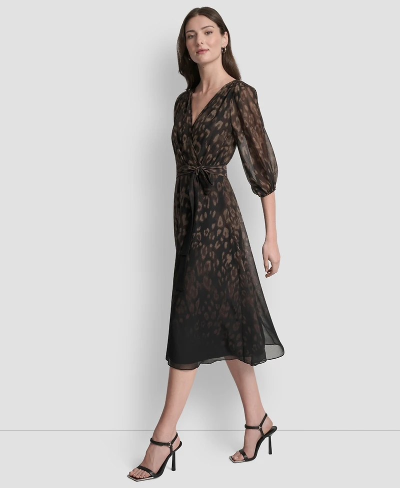 Dkny Women's Balloon Sleeve Faux Wrap Midi Dress