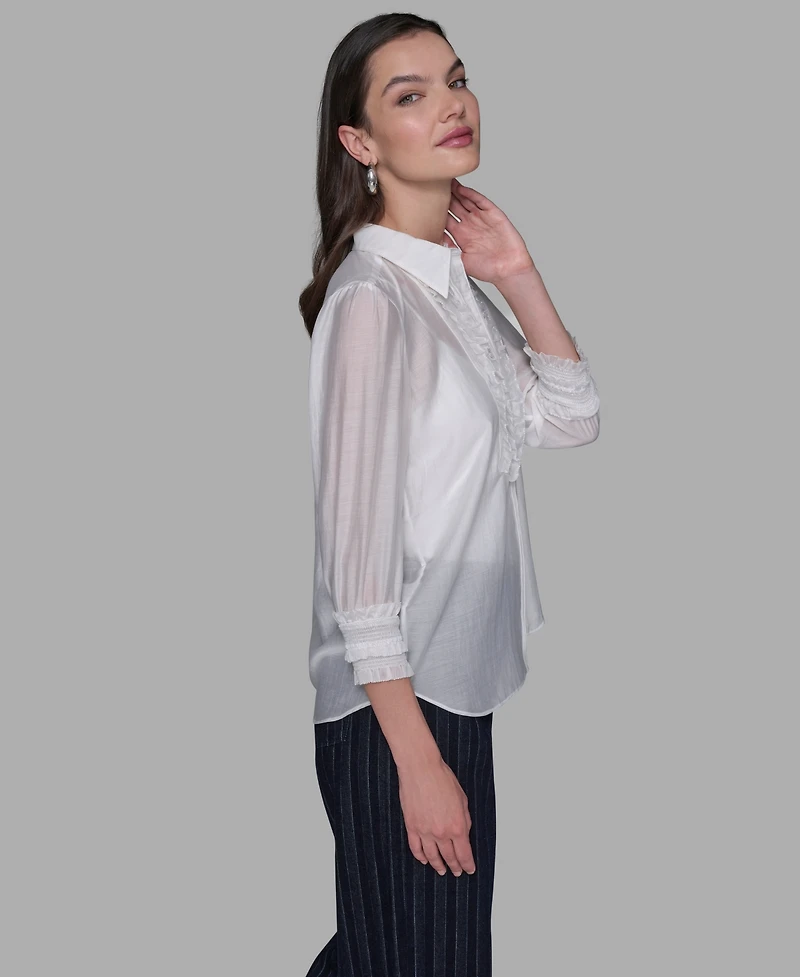 Karl Lagerfeld Paris Women's Ruffle Button Woven Collar Neck Top