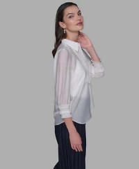 Karl Lagerfeld Paris Women's Ruffle Button Woven Collar Neck Top