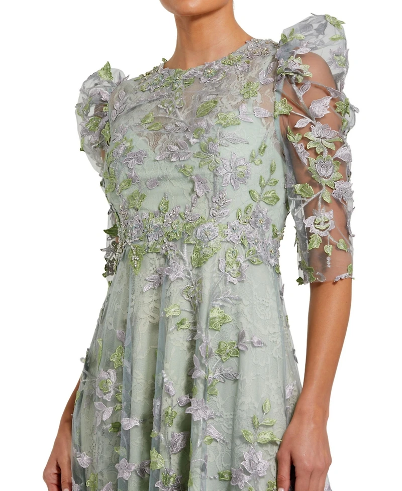 Mac Duggal Women's Applique High Neck Puff Sleeve A Line Dress